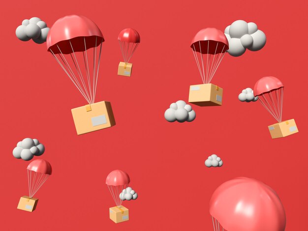 Ilustración 3D. Cajas de regalo volando en el cielo con paracaídas. Concepto de servicio de compras y entrega en línea.