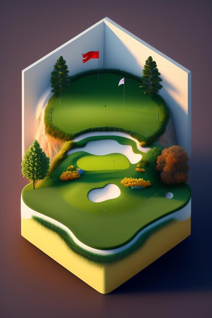 Foto gratuita una ilustración 3d de un campo de golf con una bandera en la parte superior.