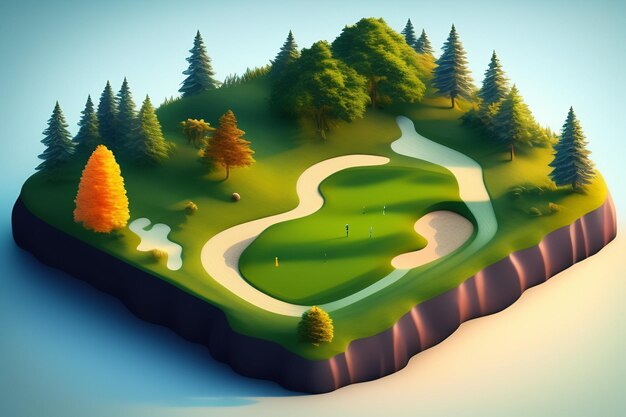 Una ilustración 3d de un campo de golf con un campo de golf en el suelo.