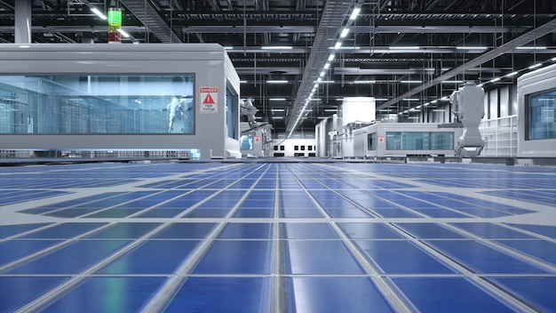 Foto gratuita ilustración 3d de una célula fotovoltaica producida en un almacén de fabricación