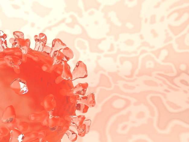 Ilustración 3D. Célula del virus del coronavirus en un líquido. Vista microscópica de un virus infeccioso. Fondo de Covid-19.