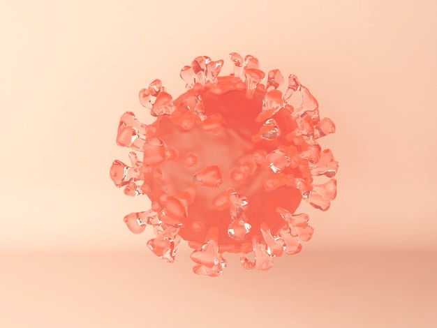 Ilustración 3D. Una célula del virus del coronavirus en naranja. Vista microscópica de un virus infeccioso.