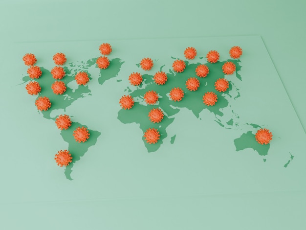 Ilustración 3D. Células Covid-19 en un mapa mundial. Brote pandémico de coronavirus. Concepto Covid-19.