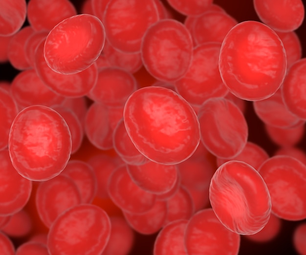 Ilustración 3D. Las células rojas de la sangre. Concepto médico y científico.
