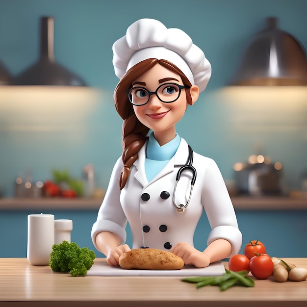 Ilustración en 3D de una chef cocinando en la cocina en casa