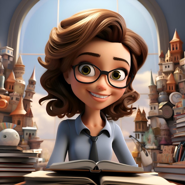 Foto gratuita ilustración 3d de una chica de dibujos animados linda leyendo un libro en casa