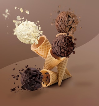 Ilustración 3d conos de helado con trozos de crema de café, chocolate negro y sabores de trufa
