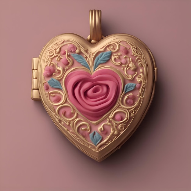 Foto gratuita ilustración 3d de un corazón dorado con una rosa rosa sobre un fondo rosa