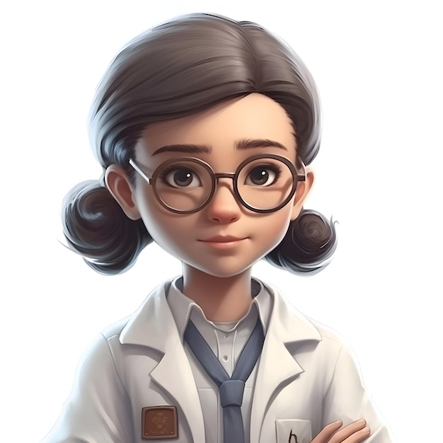 Ilustración 3D de una doctora con gafas y una bata blanca