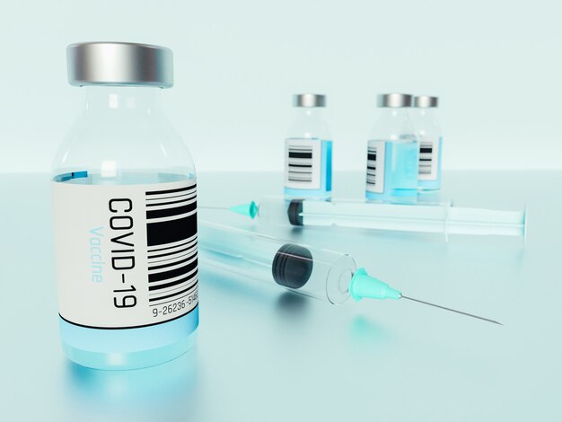 Ilustración 3D de frascos de vacuna Covid-19 con jeringas