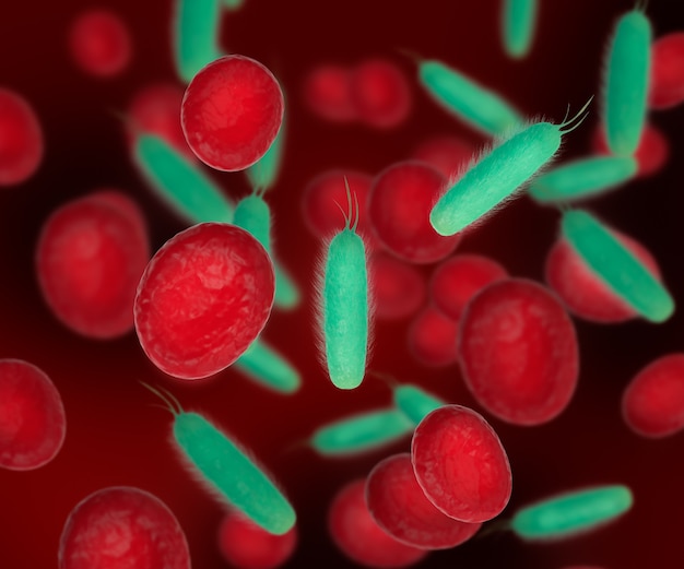 Ilustración 3D. Glóbulos rojos con bacterias. Células bacterianas en sangre. Concepto médico y científico.