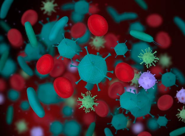 Ilustración 3D. Glóbulos rojos con virus y células bacterianas. Concepto médico y científico.