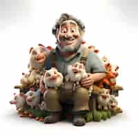 Foto gratuita ilustración 3d de un granjero de personajes de dibujos animados con un rebaño de ovejas