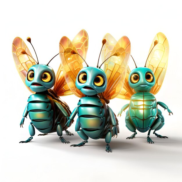 Ilustración 3D de un grupo de insectos abejas sobre un fondo blanco