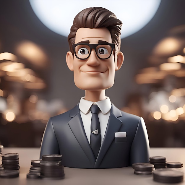 Foto gratuita ilustración en 3d de un hombre de negocios con traje y gafas con monedas