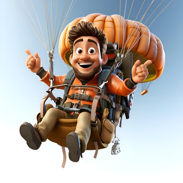 Ilustración 3D de un hombre en parapente volando con un globo de aire caliente