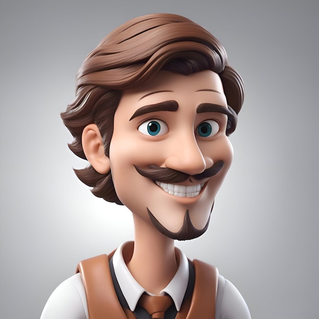 Ilustración en 3D de un joven con bigote en la cabeza