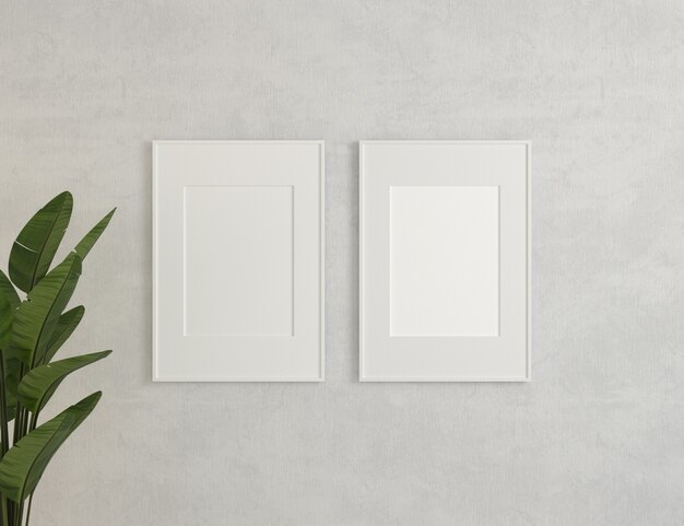 Ilustración 3D. Lienzo, maqueta de marcos en pared blanca.