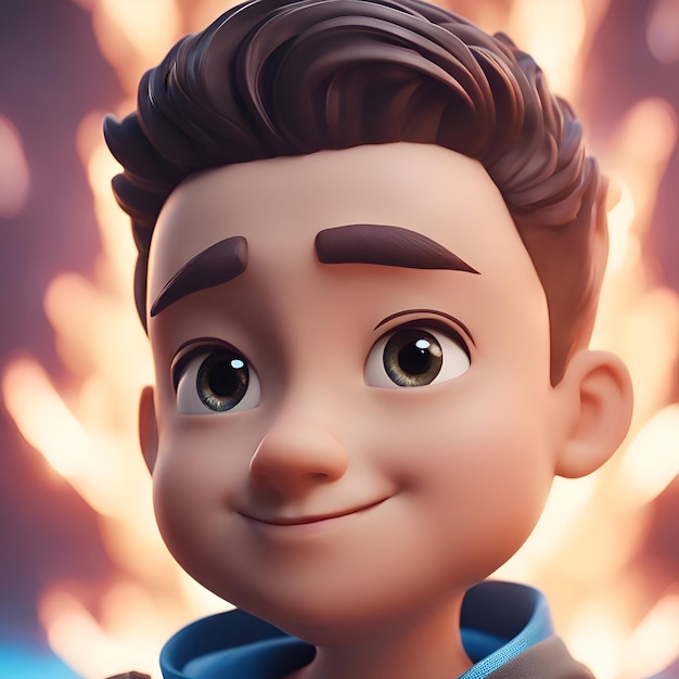 Foto gratuita ilustración en 3d de un lindo niño de dibujos animados frente al fuego