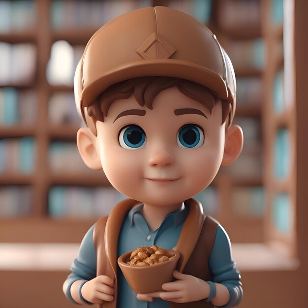 Ilustración 3D de un lindo niño de dibujos animados sosteniendo un plato de nueces