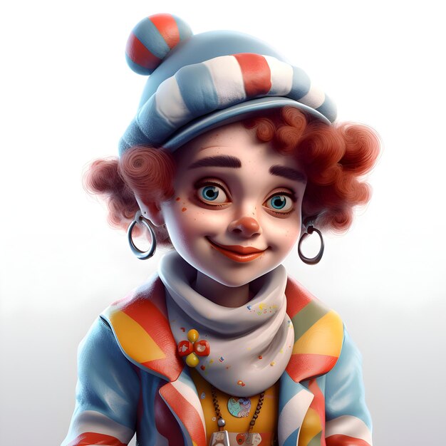 Ilustración 3D de un lindo payaso con el cabello rizado