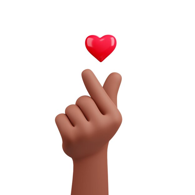Ilustración 3D de la mano y el icono del corazón rojo