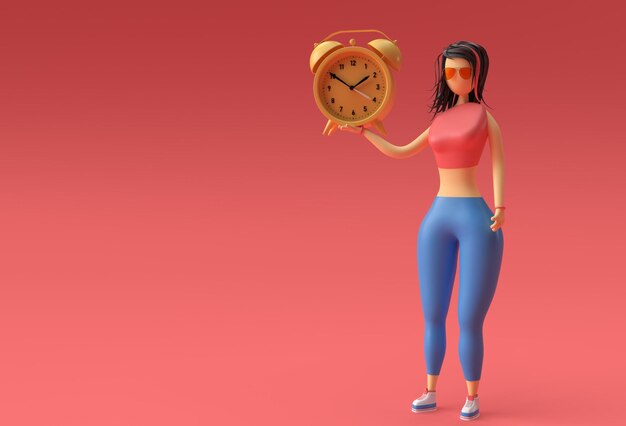 Ilustración 3D de la mano de una mujer de pie sosteniendo el reloj Reloj 3D Render Design