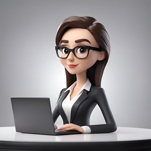 Ilustración 3D de una mujer de negocios trabajando con una computadora portátil sobre un fondo gris