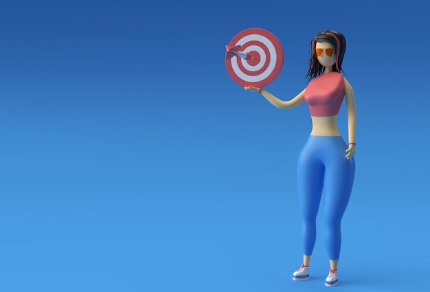 Ilustración 3D de mujer de pie sosteniendo el concepto de marketing objetivo Diseño de renderizado 3D