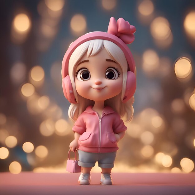 Ilustración en 3D de una niña linda con auriculares en el fondo bokeh