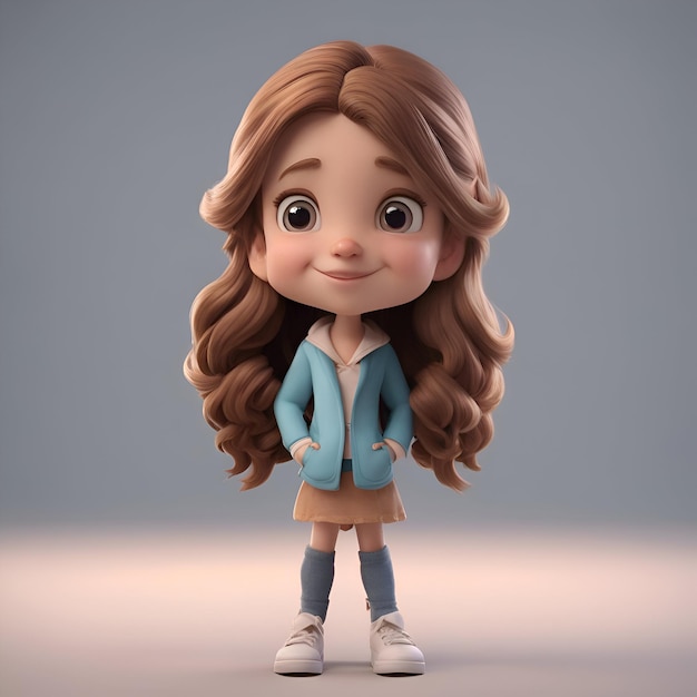 Ilustración en 3D de una niña linda con cabello largo y vestido azul