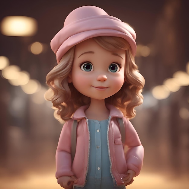 Ilustración en 3D de una niña linda con sombrero y chaqueta