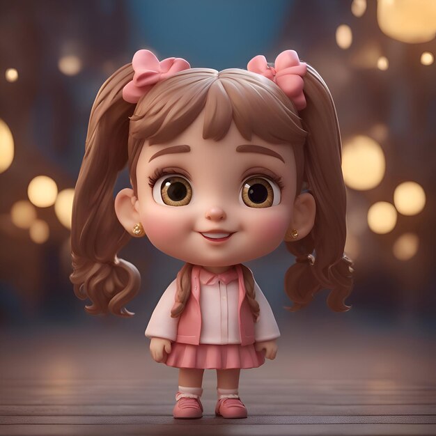 Ilustración en 3D de una niña linda en un vestido rosa
