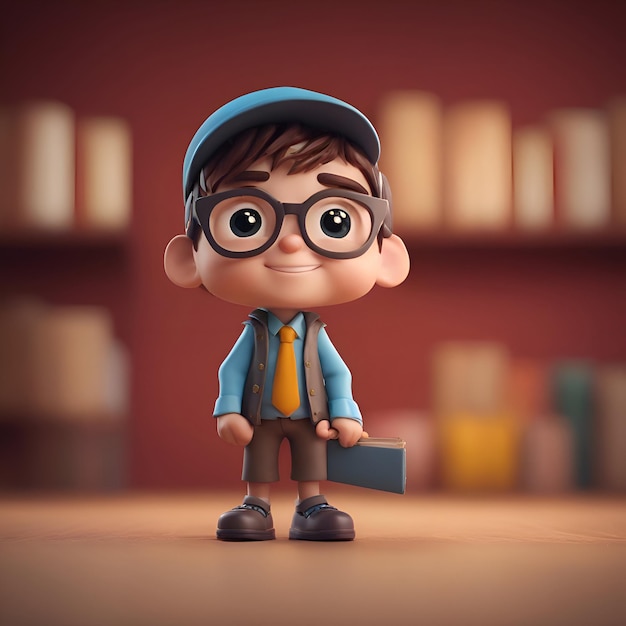 Foto gratuita ilustración 3d de un niño con gafas y una estantería de libros en el fondo