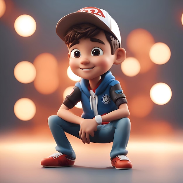 Ilustración en 3D de un niño lindo con gorra de béisbol y zapatillas de deporte