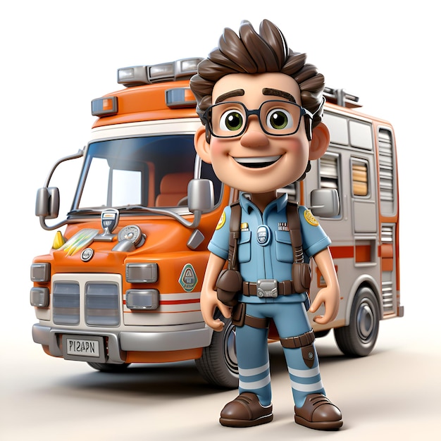 Foto gratuita ilustración 3d de un oficial de policía de dibujos animados con un camión de bomberos