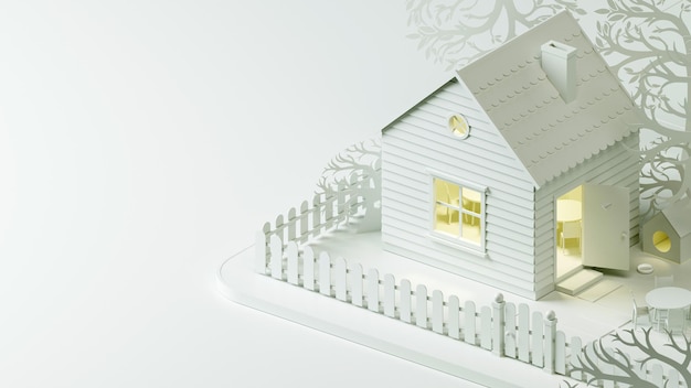 Ilustración 3d una pequeña casa de muñecas de juguete en la calle con una valla. choza casa pequeña