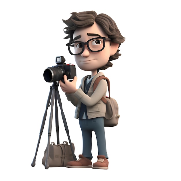 Ilustración 3D de un personaje de dibujos animados con una cámara y una mochila