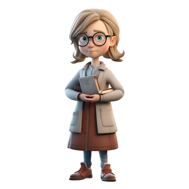 Ilustración 3D de un personaje de dibujos animados con gafas y abrigo