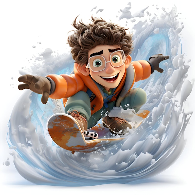 Foto gratuita ilustración en 3d de un personaje de dibujos animados en snowboard montando una ola