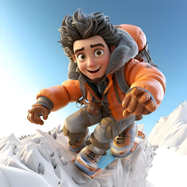 Foto gratuita ilustración 3d de un personaje de dibujos animados snowboarder en ropa de invierno