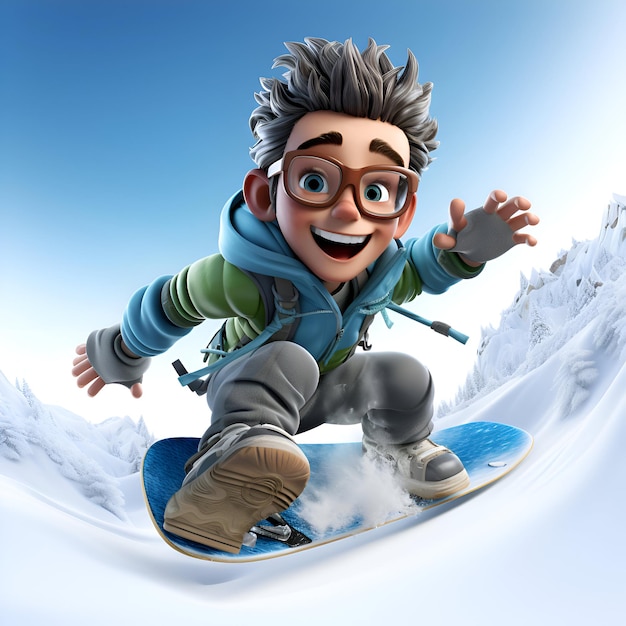 Ilustración 3D de un personaje de dibujos animados snowboarder con snowboard