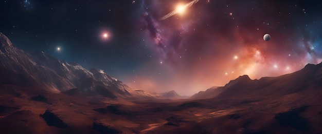 Ilustración en 3D del planeta alienígena de fantasía Montaña y nebulosa