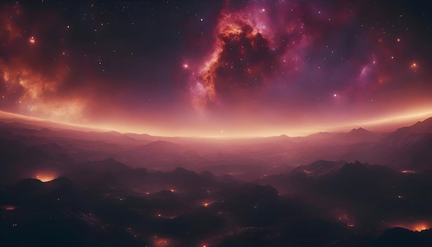 Foto gratuita ilustración en 3d del planeta alienígena de fantasía montaña y nebulosa