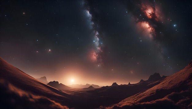 Ilustración en 3D del planeta alienígena de fantasía Montaña y nebulosa