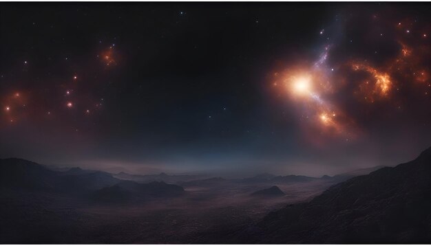 Foto gratuita ilustración en 3d del planeta alienígena de fantasía montaña y nebulosa