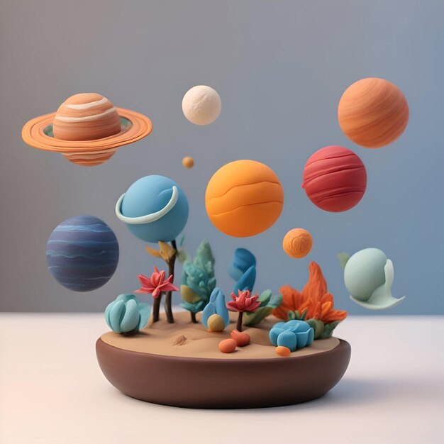 Ilustración 3D de planetas, estrellas y flores en una vasija de barro.