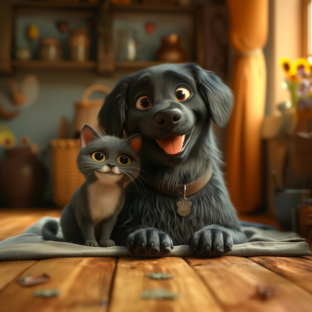 Foto gratuita ilustración 3d que muestra la amistad entre gatos y perros