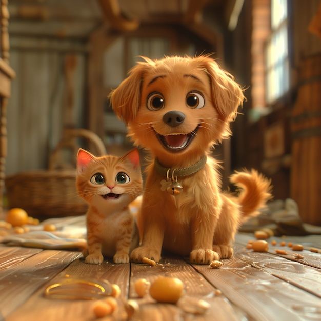 Foto gratuita ilustración 3d que muestra la amistad entre gatos y perros