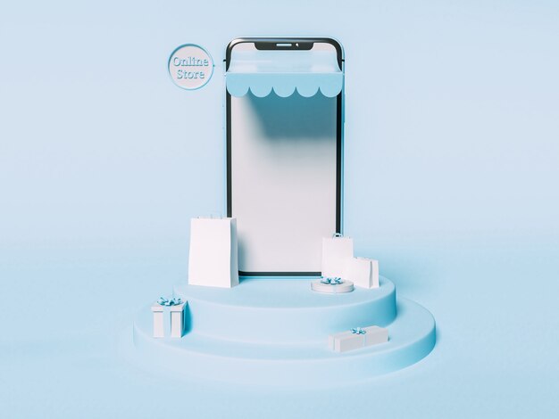 Ilustración 3D. Smartphone con bolsas de papel y cajas de regalo. Concepto de comercio electrónico y compras en línea.